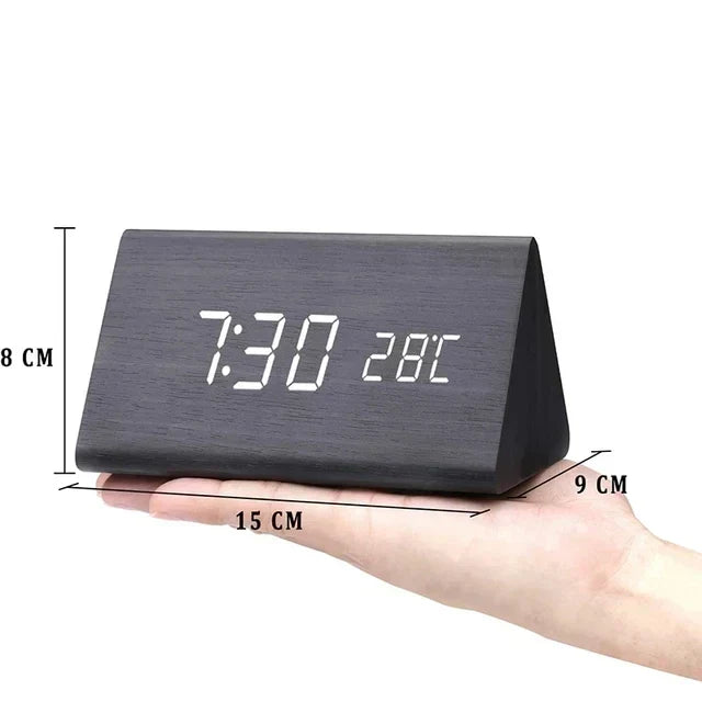 Voice-Activated Digital Alarm Clock with LED Temperature Display, Wood Grain Finish for Bedroom Nightstand, Triple Alarm System for Heavy