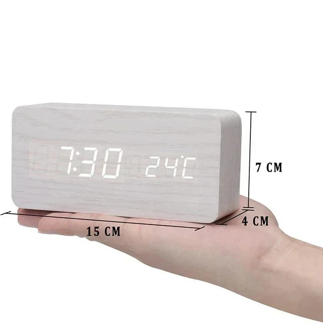 Voice-Activated Digital Alarm Clock with LED Temperature Display, Wood Grain Finish for Bedroom Nightstand, Triple Alarm System for Heavy