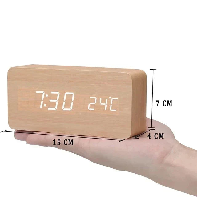 Voice-Activated Digital Alarm Clock with LED Temperature Display, Wood Grain Finish for Bedroom Nightstand, Triple Alarm System for Heavy