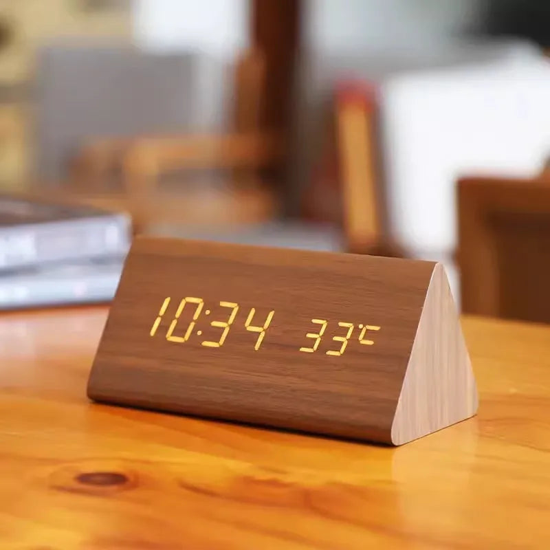 Voice-Activated Digital Alarm Clock with LED Temperature Display, Wood Grain Finish for Bedroom Nightstand, Triple Alarm System for Heavy