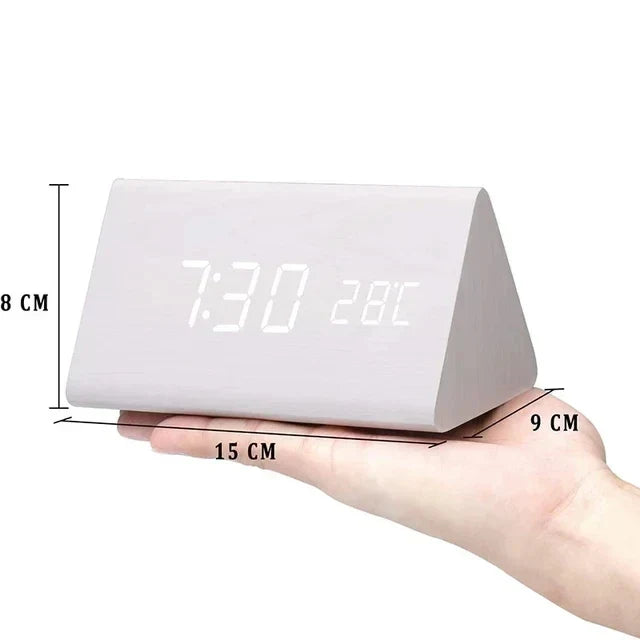 Voice-Activated Digital Alarm Clock with LED Temperature Display, Wood Grain Finish for Bedroom Nightstand, Triple Alarm System for Heavy