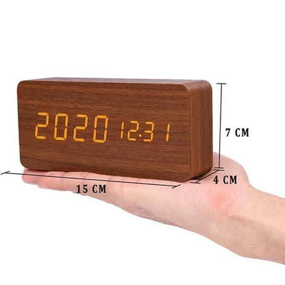 Wood-Style Digital Alarm Clock with LED Display & Voice Control – 3 Alarms, Adjustable Brightness & Temperature Display for Bedroom