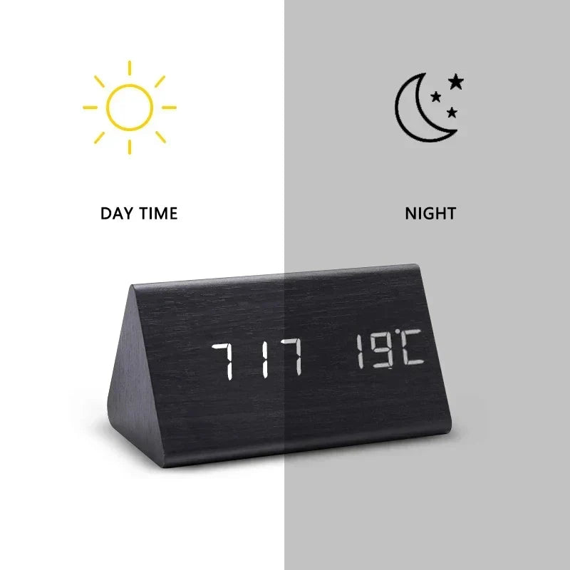 Voice-Activated Digital Alarm Clock with LED Temperature Display, Wood Grain Finish for Bedroom Nightstand, Triple Alarm System for Heavy