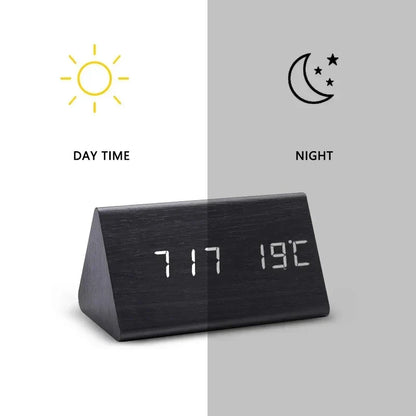 Voice-Activated Digital Alarm Clock with LED Temperature Display, Wood Grain Finish for Bedroom Nightstand, Triple Alarm System for Heavy