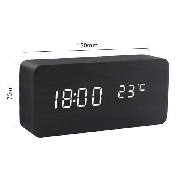 Voice-Activated Digital Alarm Clock with LED Temperature Display, Wood Grain Finish for Bedroom Nightstand, Triple Alarm System for Heavy