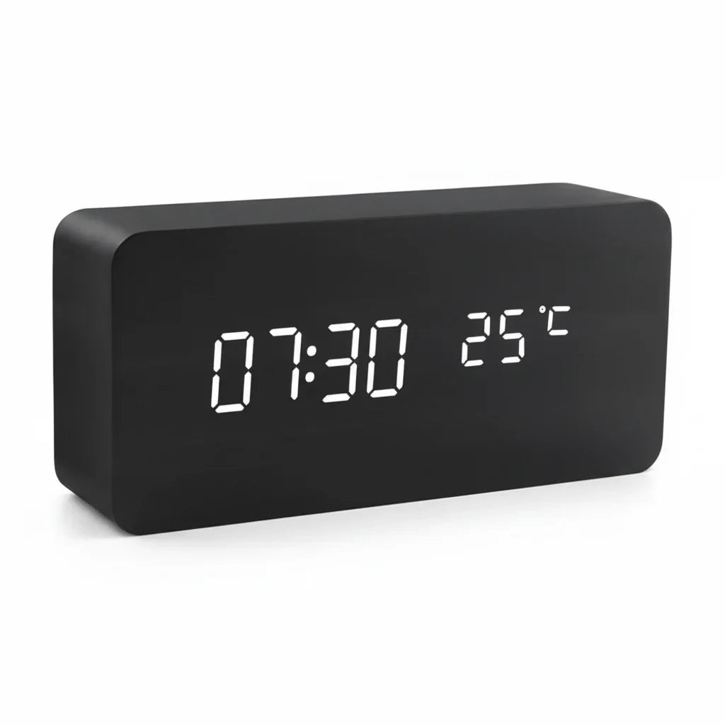 Digital Alarm Clock with Wood-Grain Finish – 3 Alarms, Temperature Display & Adjustable LED Brightness for Bedroom, Desk & Nightstand