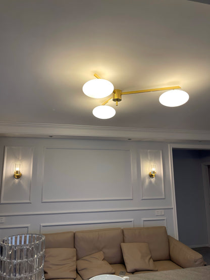 Five-Arm Flush Mount Ceiling Fixture with Milky White Shades in Warm Gold Finish for Kitchen Island Bedroom Hallway Entry Foyer Low Profile