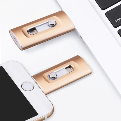 Thumb Drive 3-in-1 Connector Metal 2.6 in Portable Data Storage for iPhone Android PC Mac Laptop Tablet Photo Video Backup Keychain Memory S