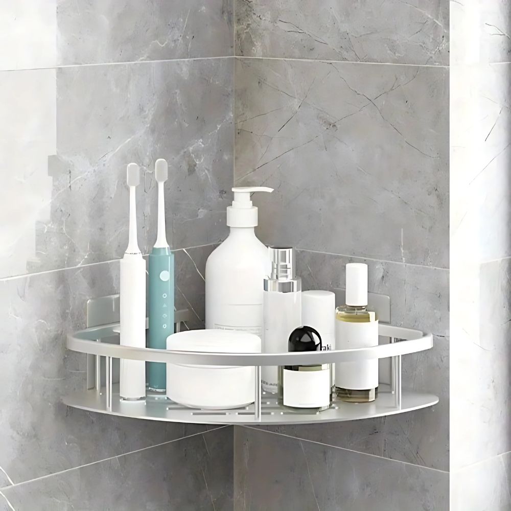 Wall Mount Shower Shelf Organizer with Hook Aluminum Curved Caddy for Bathroom Storage Shampoo Holder Rustproof No Drill 2-Tier Shelves