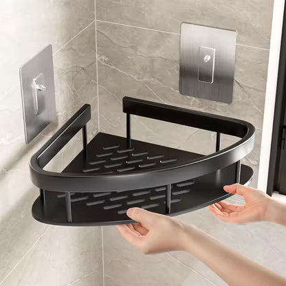 Wall Mount Shower Shelf Organizer with Hook Aluminum Curved Caddy for Bathroom Storage Shampoo Holder Rustproof No Drill 2-Tier Shelves