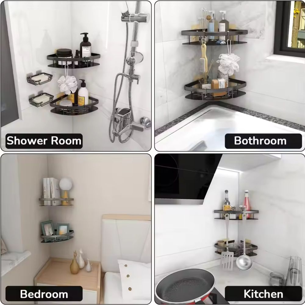 Wall Mount Shower Shelf Organizer with Hook Aluminum Curved Caddy for Bathroom Storage Shampoo Holder Rustproof No Drill 2-Tier Shelves