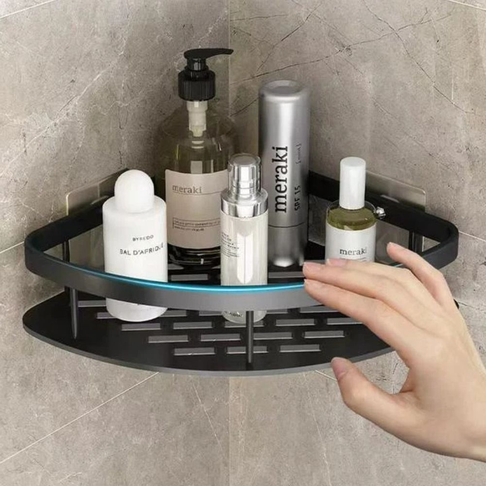 Wall Mount Shower Shelf Organizer with Hook Aluminum Curved Caddy for Bathroom Storage Shampoo Holder Rustproof No Drill 2-Tier Shelves