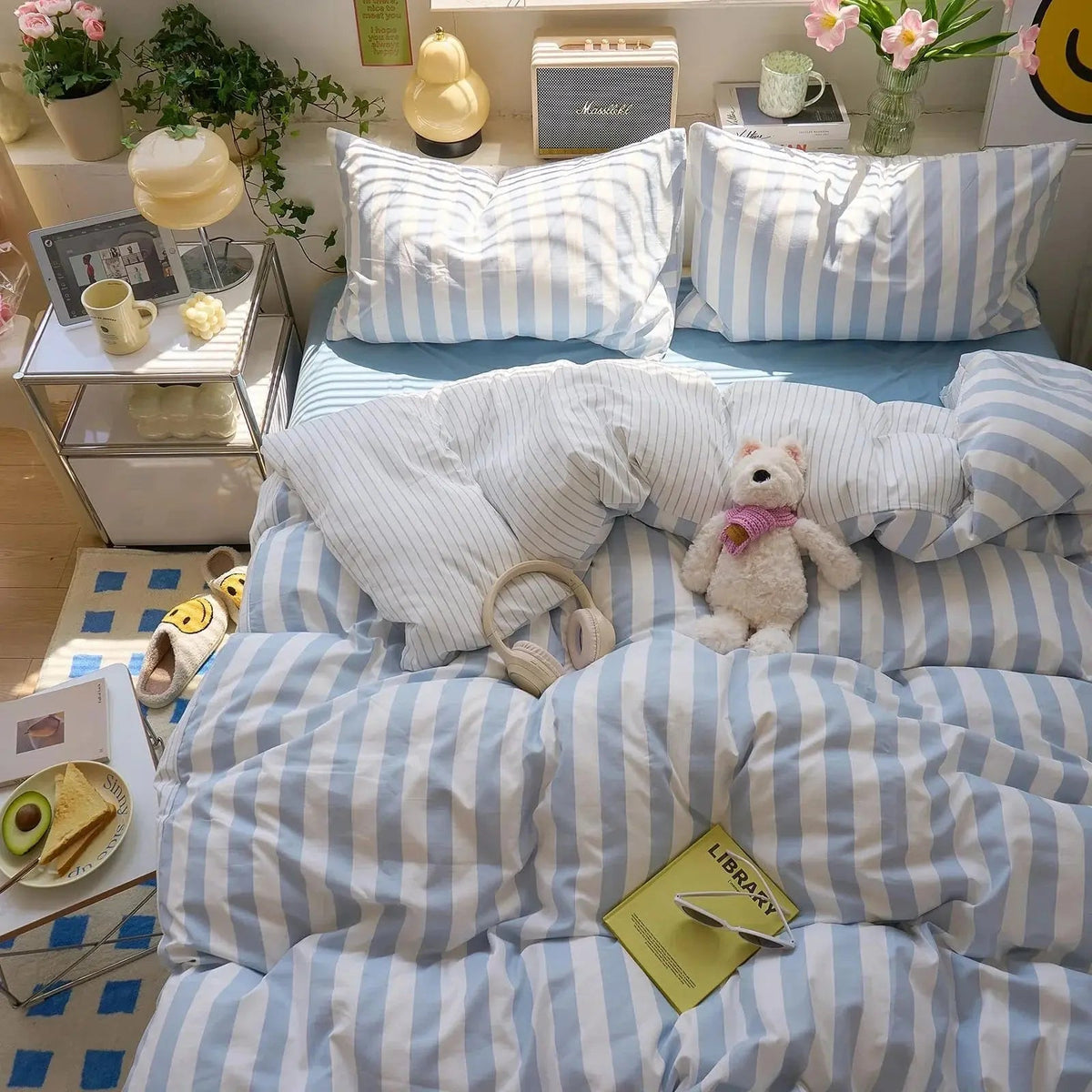 Washed Cotton Crepe Quilt Set with Fitted Sheet & Pillowcases – Breathable Striped Bedding for Year-Round Comfort