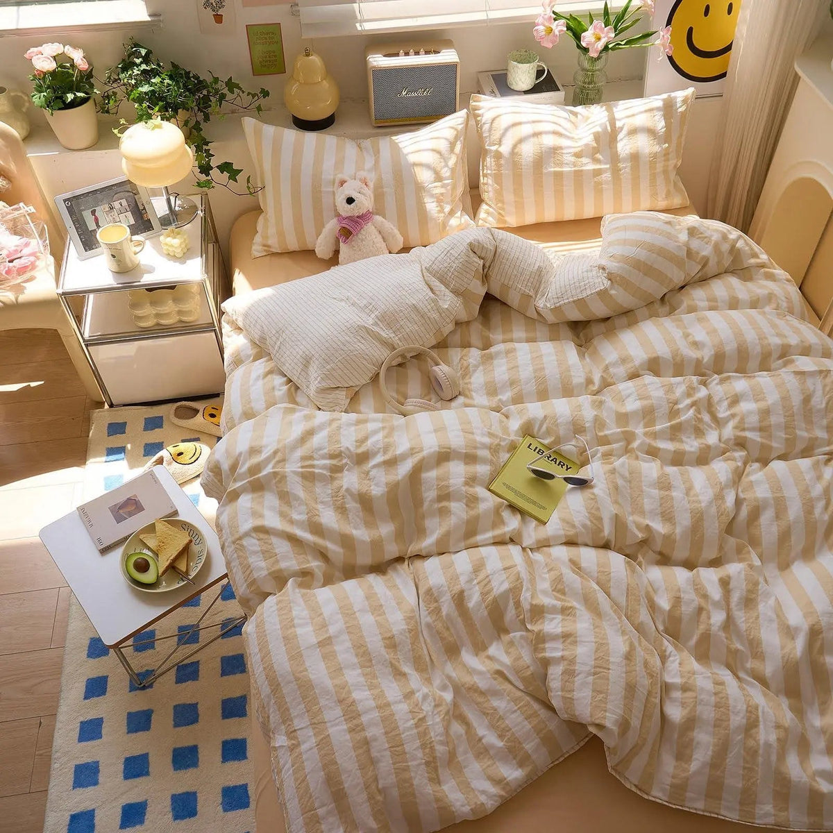 Washed Cotton Crepe Quilt Set with Fitted Sheet & Pillowcases – Breathable Striped Bedding for Year-Round Comfort