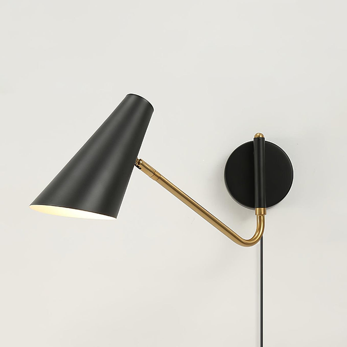 Swing-Arm Wall Sconce with 17-Inch Reach, Plug-In Bedside Reading Lamp for Bedroom, Adjustable Metal Task Light, E26 Socket, Black & Brass F