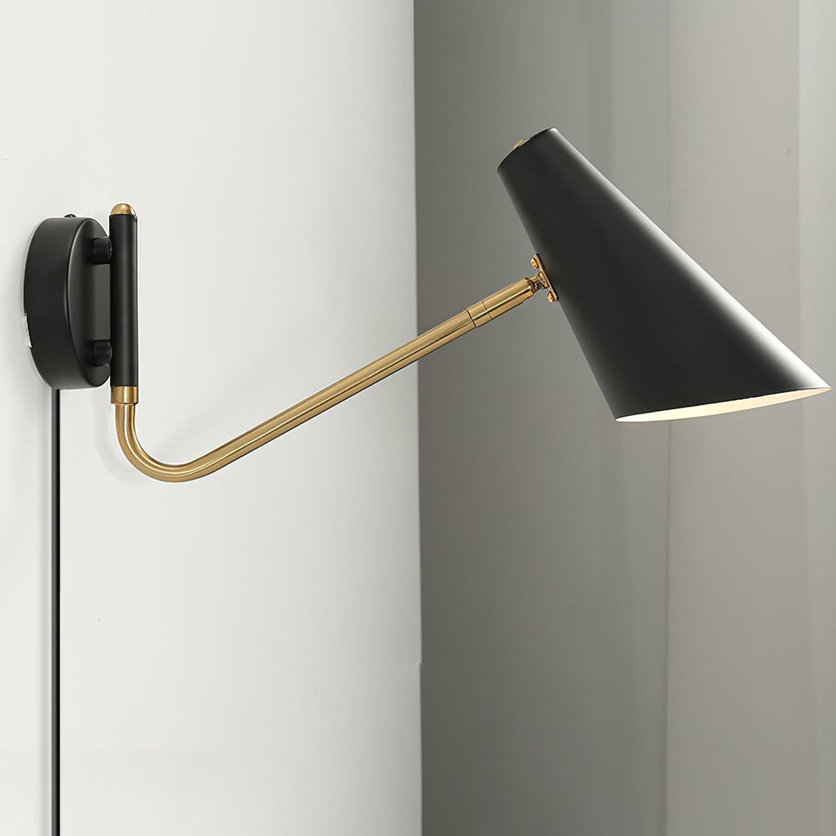Swing-Arm Wall Sconce with 17-Inch Reach, Plug-In Bedside Reading Lamp for Bedroom, Adjustable Metal Task Light, E26 Socket, Black & Brass F