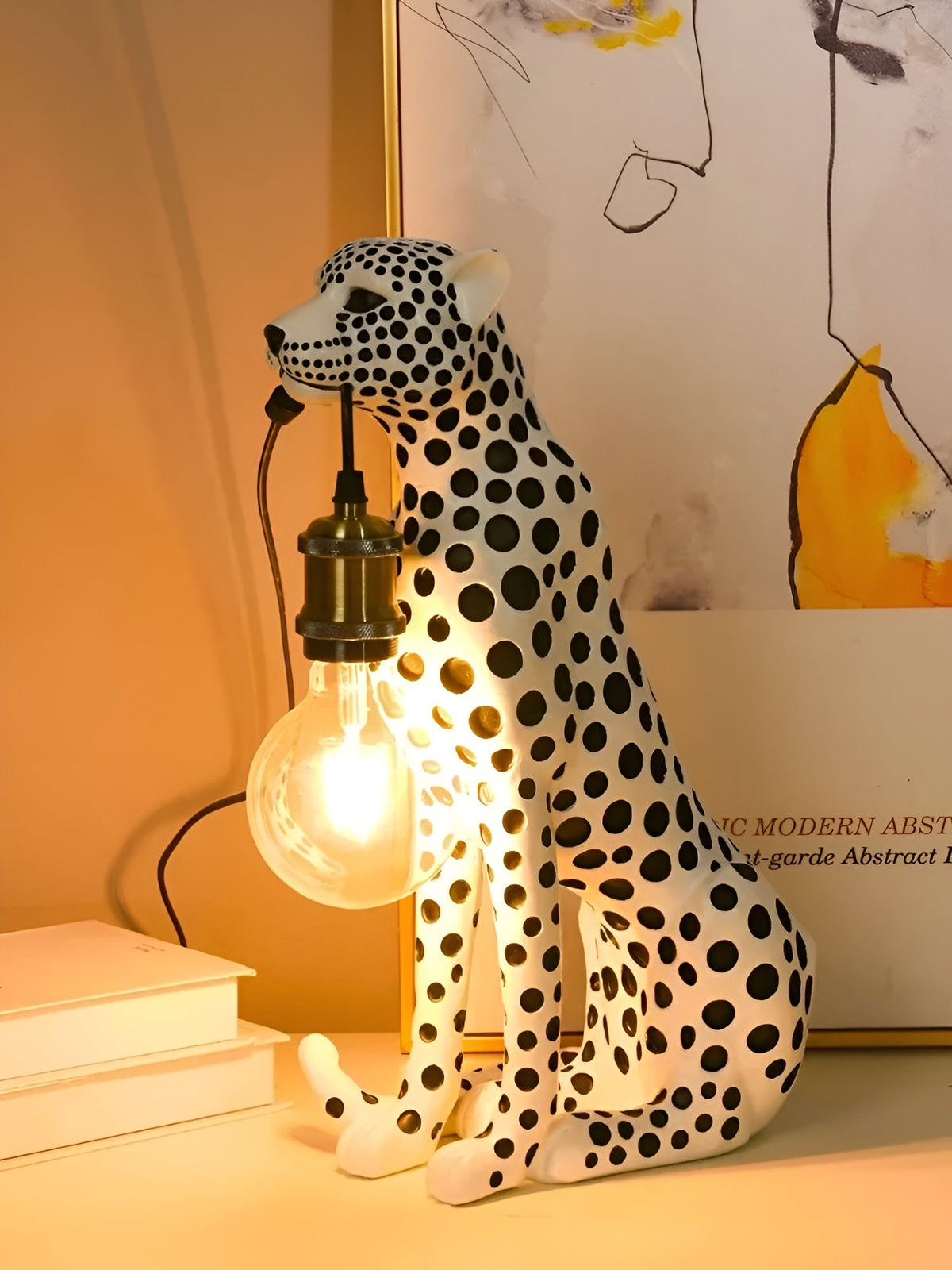Leopard Table Lamp with Edison Bulb, Art Deco Desk Lamp for Nightstand, Bedside Lamp with USB Power for Console