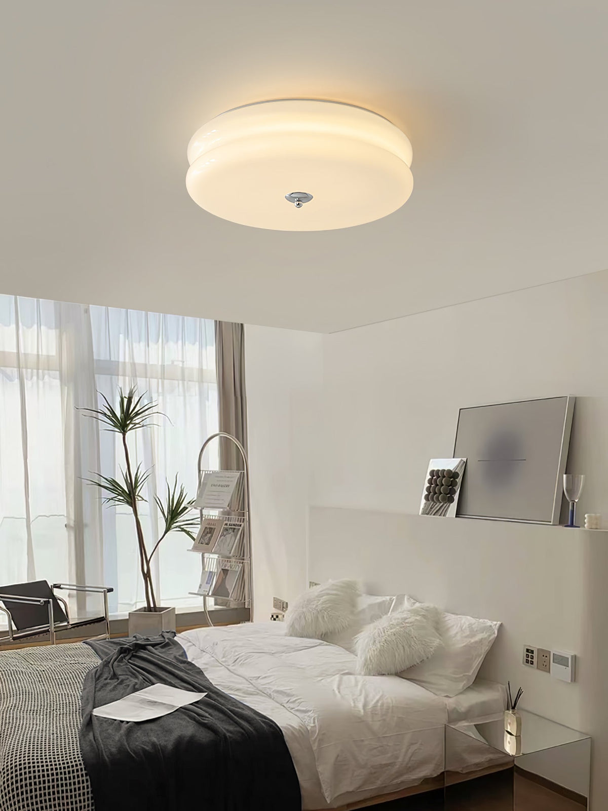 Art Deco Flush Mount Ceiling Light with White Glass Shade – Vintage LED Fixture for Living Room, Dining Room & Bedroom – Gold or Chrome