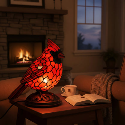 Art Glass Table Lamp with Red Cardinal Bird Design | USB Powered for Cozy Ambiance