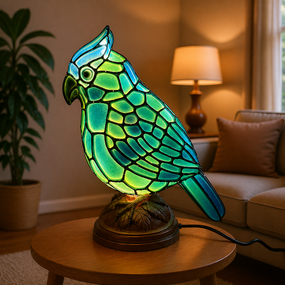 Art Glass Table Lamp with Red Cardinal Bird Design | USB Powered for Cozy Ambiance
