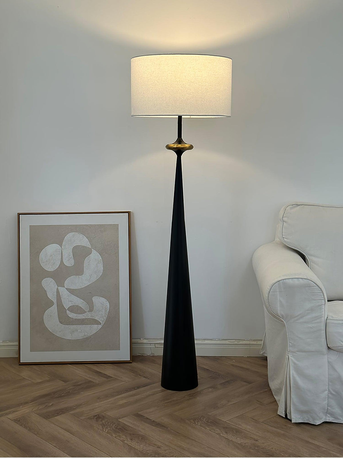 Standing Lamp Wooden Base 65 in Tall White Fabric Shade Mid-Century Uplight for Living Room Bedroom Reading Corner Dimmable E26 Socket Moder