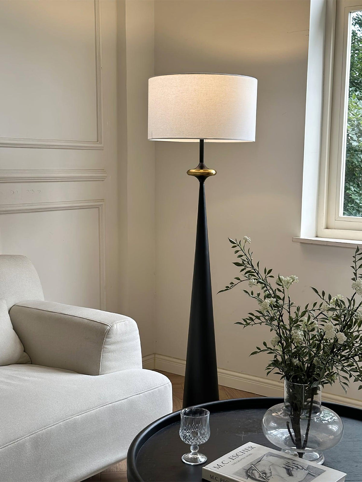 Standing Lamp Wooden Base 65 in Tall White Fabric Shade Mid-Century Uplight for Living Room Bedroom Reading Corner Dimmable E26 Socket Moder