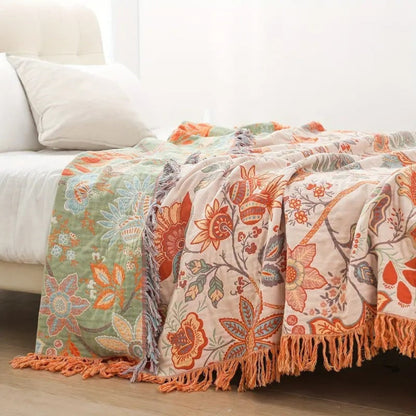 Artistic Boho Collection | Floral Cotton Throw Blanket with Playful Fringe | Cozy Layer for Home Decor