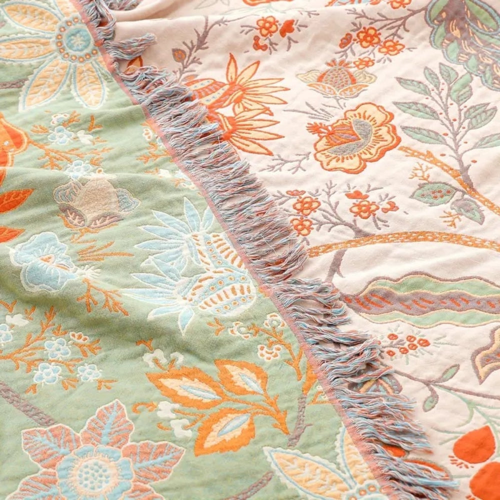 Artistic Boho Collection | Floral Cotton Throw Blanket with Playful Fringe | Cozy Layer for Home Decor