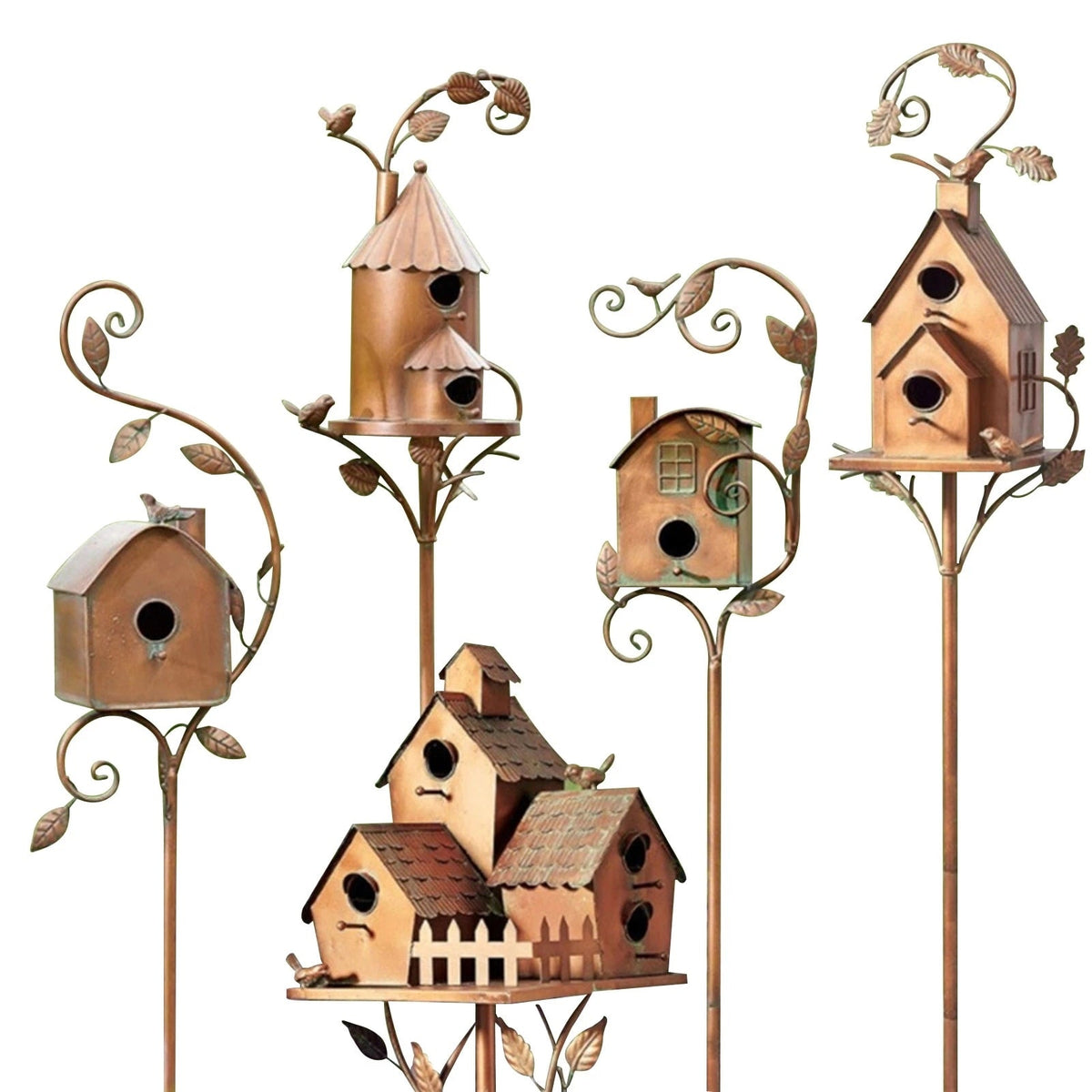 Estaca de jardín artística con casita para pájaros de metal y diseño único | Acento decorativo para exteriores para amantes de la naturaleza