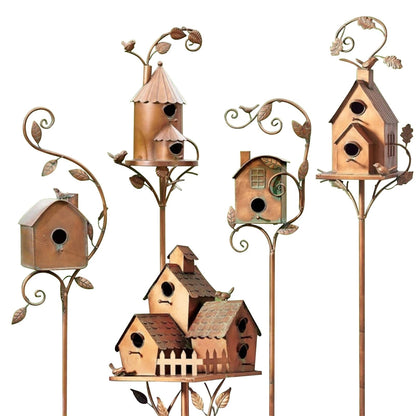 Estaca de jardín artística con casita para pájaros de metal y diseño único | Acento decorativo para exteriores para amantes de la naturaleza