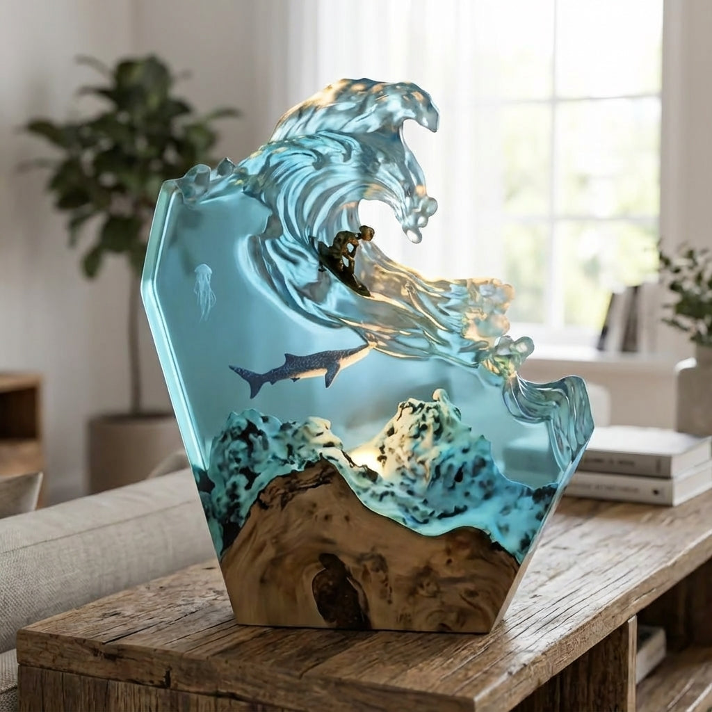 Resin Wave Nightstand Lamp with Wood Base Dimmable LED Blue Ocean Scene 7.9 in Coastal Decor Accent Light Beach Theme Bedroom Living Room De