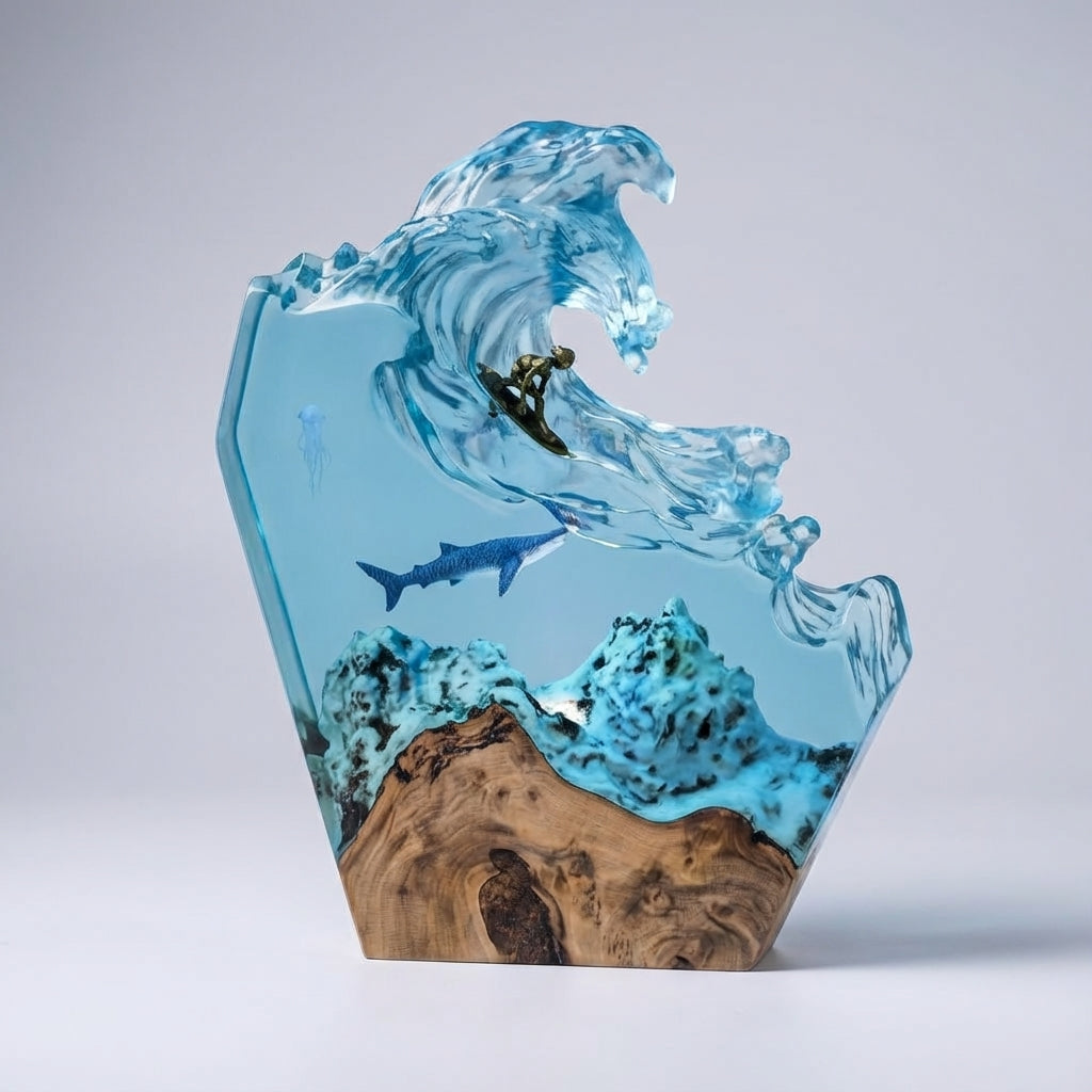 Resin Wave Nightstand Lamp with Wood Base Dimmable LED Blue Ocean Scene 7.9 in Coastal Decor Accent Light Beach Theme Bedroom Living Room De