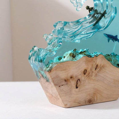Resin Wave Nightstand Lamp with Wood Base Dimmable LED Blue Ocean Scene 7.9 in Coastal Decor Accent Light Beach Theme Bedroom Living Room De