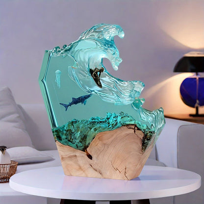 Resin Wave Nightstand Lamp with Wood Base Dimmable LED Blue Ocean Scene 7.9 in Coastal Decor Accent Light Beach Theme Bedroom Living Room De