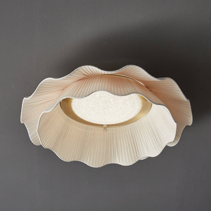 Flush Mount Ceiling Light White Fabric Ripple Shade 20 in Bedroom Ambient LED Integrated Dimmable Low Profile for Living Room Dining Room Mo