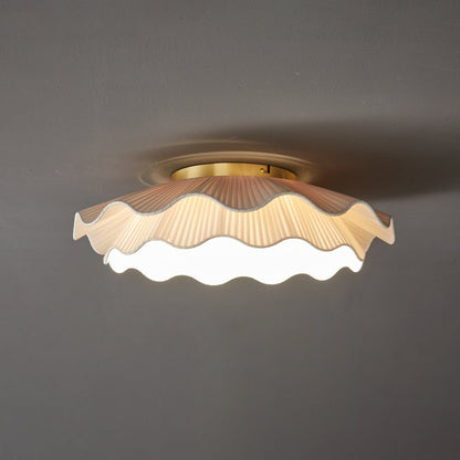 Flush Mount Ceiling Light White Fabric Ripple Shade 20 in Bedroom Ambient LED Integrated Dimmable Low Profile for Living Room Dining Room Mo