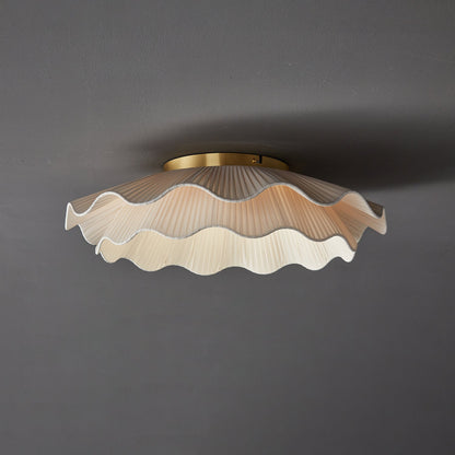 Flush Mount Ceiling Light White Fabric Ripple Shade 20 in Bedroom Ambient LED Integrated Dimmable Low Profile for Living Room Dining Room Mo
