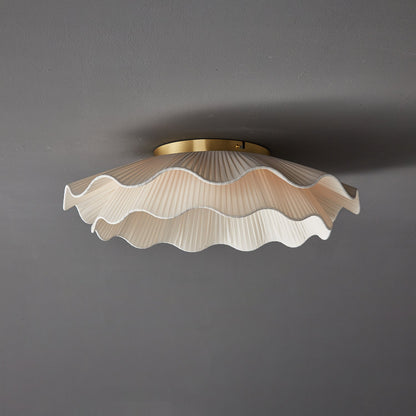 Flush Mount Ceiling Light White Fabric Ripple Shade 20 in Bedroom Ambient LED Integrated Dimmable Low Profile for Living Room Dining Room Mo