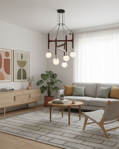 Wooden Multi-Arm Hanging Light Fixture White Glass Globes Adjustable Height Cable 2-6 Bulb Dining Room Ceiling Lighting Modern Farmhouse Ind