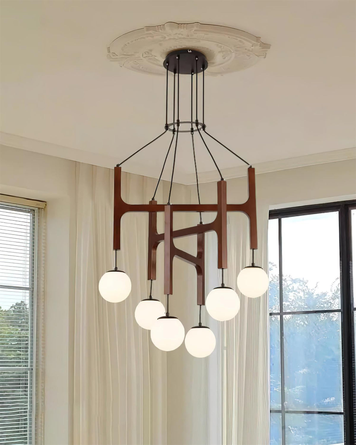 Wooden Multi-Arm Hanging Light Fixture White Glass Globes Adjustable Height Cable 2-6 Bulb Dining Room Ceiling Lighting Modern Farmhouse Ind