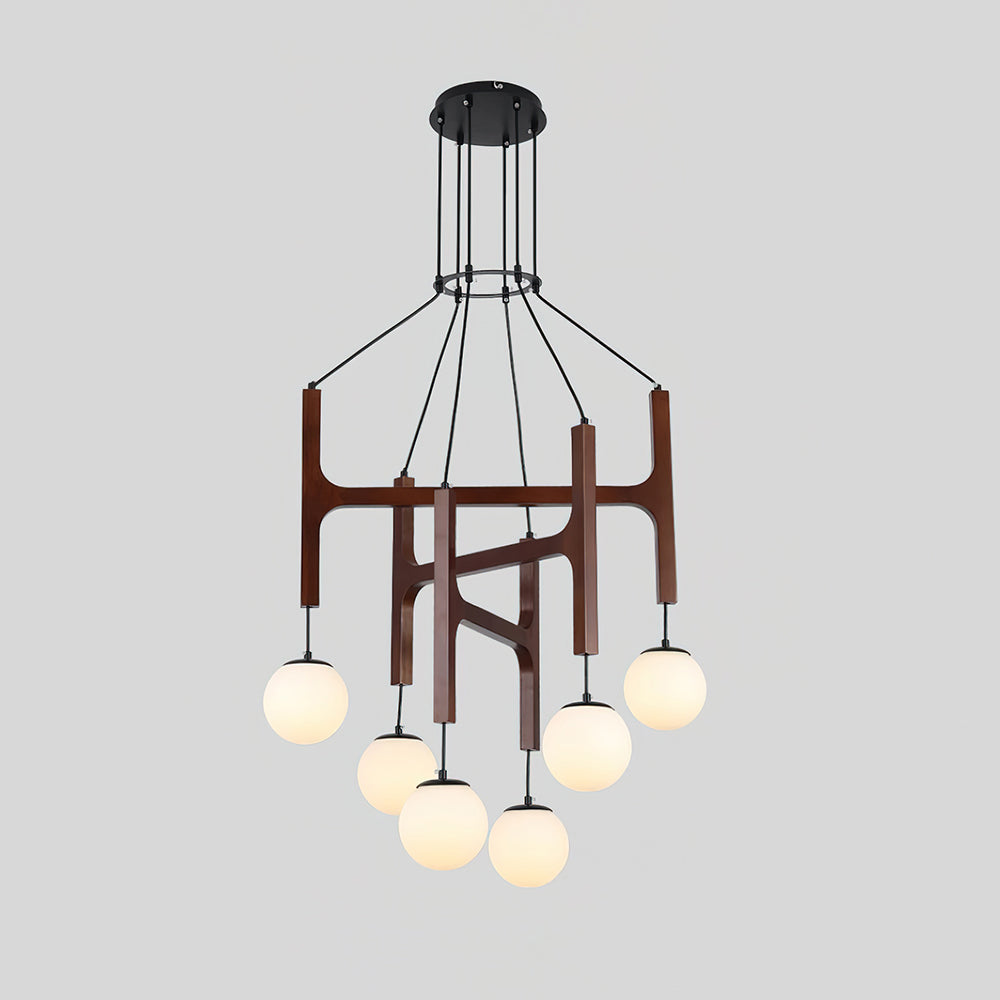 Wooden Multi-Arm Hanging Light Fixture White Glass Globes Adjustable Height Cable 2-6 Bulb Dining Room Ceiling Lighting Modern Farmhouse Ind