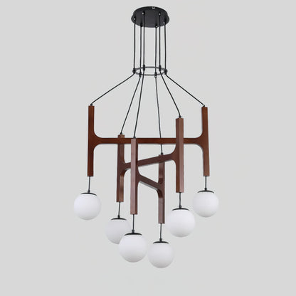 Wooden Multi-Arm Hanging Light Fixture White Glass Globes Adjustable Height Cable 2-6 Bulb Dining Room Ceiling Lighting Modern Farmhouse Ind