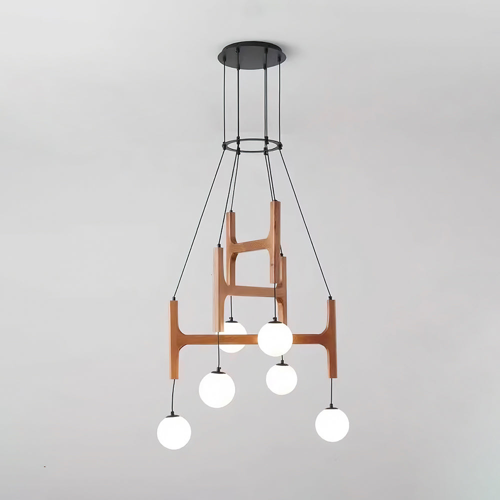 Wooden Multi-Arm Hanging Light Fixture White Glass Globes Adjustable Height Cable 2-6 Bulb Dining Room Ceiling Lighting Modern Farmhouse Ind