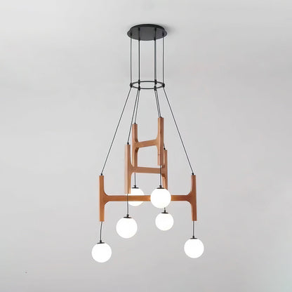 Wooden Multi-Arm Hanging Light Fixture White Glass Globes Adjustable Height Cable 2-6 Bulb Dining Room Ceiling Lighting Modern Farmhouse Ind