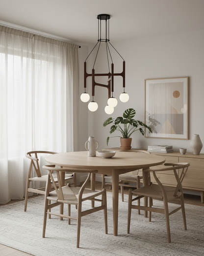 Wooden Multi-Arm Hanging Light Fixture White Glass Globes Adjustable Height Cable 2-6 Bulb Dining Room Ceiling Lighting Modern Farmhouse Ind