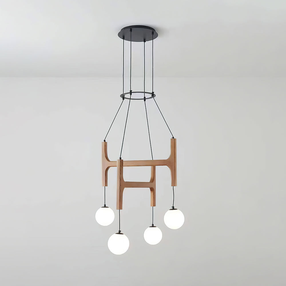 Wooden Multi-Arm Hanging Light Fixture White Glass Globes Adjustable Height Cable 2-6 Bulb Dining Room Ceiling Lighting Modern Farmhouse Ind