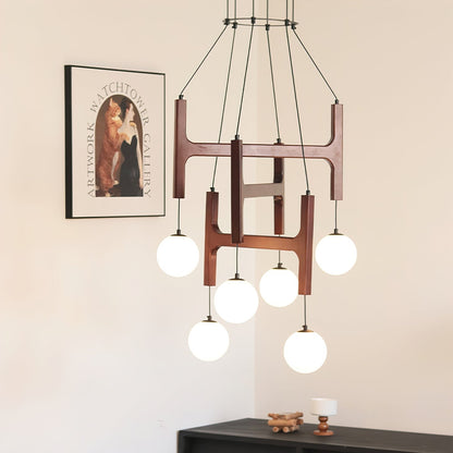 Wooden Multi-Arm Hanging Light Fixture White Glass Globes Adjustable Height Cable 2-6 Bulb Dining Room Ceiling Lighting Modern Farmhouse Ind