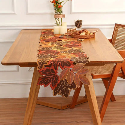Aurelia Table Runner - Embroidered Autumn Leaves, Woven Microfiber