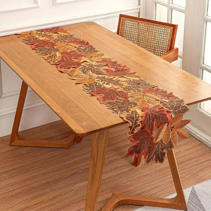 Aurelia Table Runner - Embroidered Autumn Leaves, Woven Microfiber
