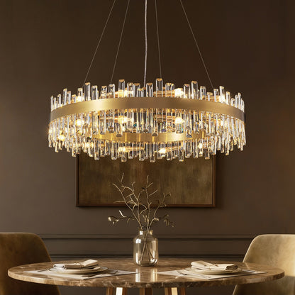 Tiered Crystal Chandelier with Gold Frame – Dining Room & Kitchen Island Ceiling Light – 19.7 to 39.4 inch diameter – Multi-Layer K9 Prism D